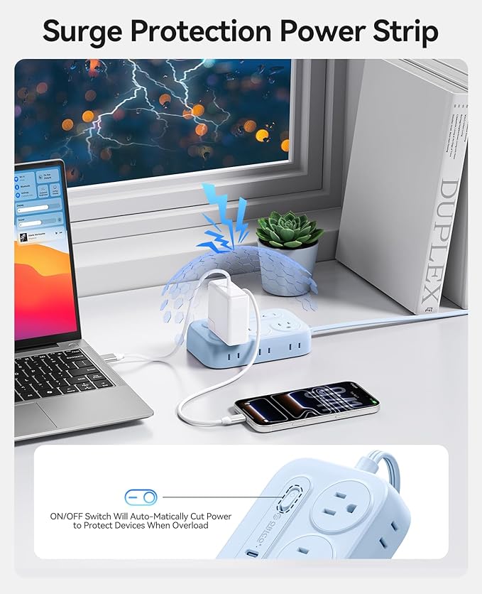 ORICO Surge Protector Power Strip, PD20W Multiple Outlets Extension Cord with 6 AC Outlets and 4 USB Charging Ports (2 USB-C), 45° Flat Plug, 5 Ft Mountable Outlet Extender for Home/Office/Dorm - OG
