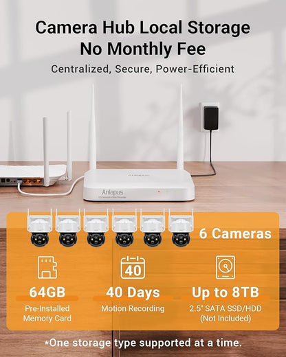 Anlapus Solar Security Camera Wireless Outdoor, 2.5K Pan/Tilt 6-Cam Kit with Solar Panel, Wireless Home Security Camera System with PIR/AI Detect, Color Night Vision, No Monthly Fee, 64GB Memory Card