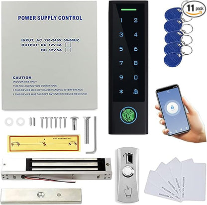 Smart Phone App Remote PIN Code/KeyFob/Card Biometric Fingerprint Waterproof Keypad Controller Door Security kit 110-240V Power Supply Box(Support Backup Battery) 600lbs Magnetic Lock