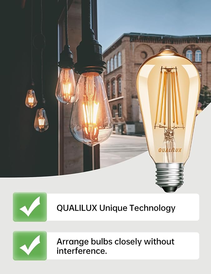 Qualilux Dusk to Dawn Light Bulbs, Auto On/Off Light Sensing LED Bulbs Outdoor, Vintage Amber, Edison ST19 6-Pack, 6.5W 700LM 60W Equivalent, HQ-H028