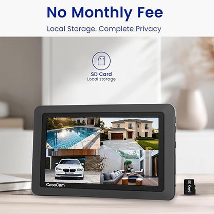 CasaCam GuardianCam Air | Wireless Security Camera System with 7" Touchscreen Monitor and 2 720p Cameras | AC Powered, Two-Way Audio, Free APP, Micro SD Card and Battery Installed, Model VS802