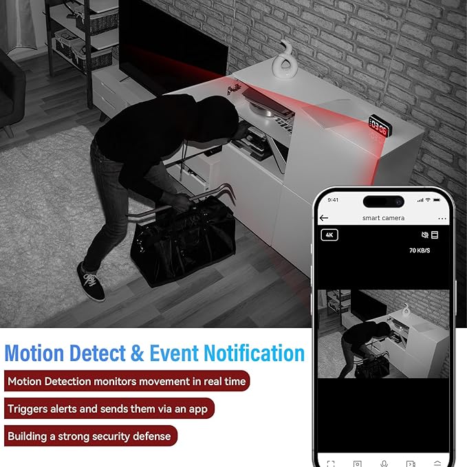Wireless-Security-Camera, 4K Real Full HD Nanny Cam for Home Security, Night Vision & Motion Detection Alerts, Security Recording with Mobile Phone App, Support 2.4G and 5G
