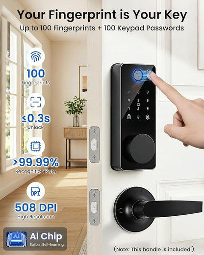 Smart Lock with 2 Lever Handle Set, Fingerprint Keyless Entry Door Lock Front Door App Control, Electronic Touchscreen Keypad Deadbolt, Auto Lock, IP54 Waterproof, Easy Install Built-in Doorbell