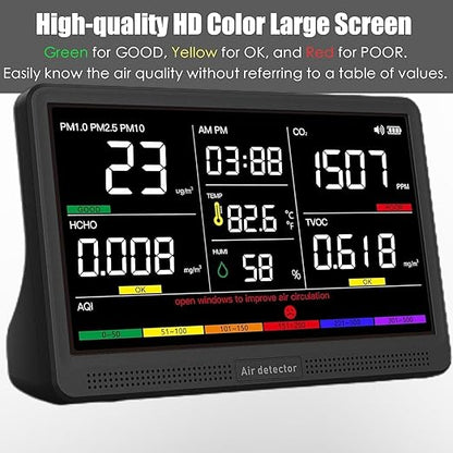 Professional Indoor Air Quality Monitor with 7X AQI Beep Alarms,16 in 1 Portable Real-Time Detector for PM2.5 | PM10 | CO2 | TVOC | HCHO | Temp | Hum for Home Cars Plants Pets (Dark Black)