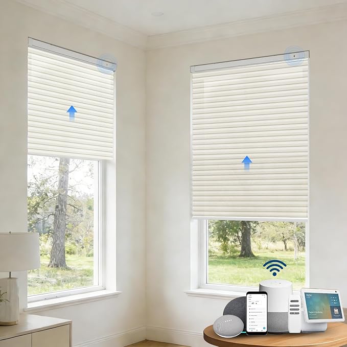 Motorized Cellular Shades with Remote, Light Filtering Smart Cellular Shades Compatible with Alexa, Honeycomb Window Blinds for Bedroom Home Office, Custom Size, Half Shading Soft Pearl