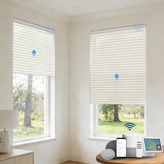 Motorized Cellular Shades with Remote, Light Filtering Smart Cellular Shades Compatible with Alexa, Honeycomb Window Blinds for Bedroom Home Office, Custom Size, Half Shading Soft Pearl