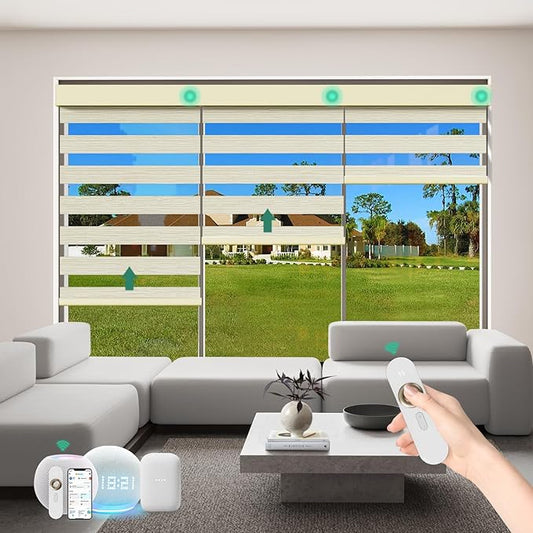 Motorized Zebra Blinds with Remote [Dual Layer + Light Filtering] 60% Blackout Smart Shades for Indoor Windows, Alexa Google and HomeKit Compatible, Customized Size, Woven Driftwood