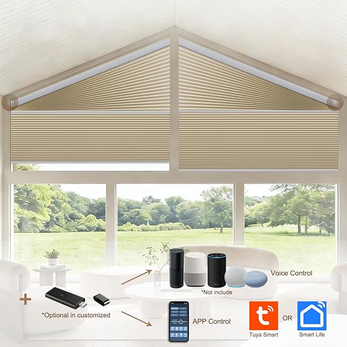 Godark Smart Angled Customized Blackout Honeycomb Blinds Suitable for Trapezoidal/Triangular/Polygonal Windows Motorized Cellular Shades Compatible with Alexa/Google Home/Tuya APP-Light Coffee