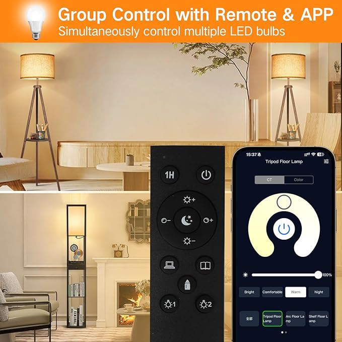 OUTON 2 Pack A19 LED Light Bulb with Remote Control, Efficient 9W LED Bulb (60Watt Equivalent), 810 LM, Dimmable, 3000K-6000K, E26 Base, LED Bulb with Timer for Living Room, Bedroom, 2 Bulb & 1 Remote