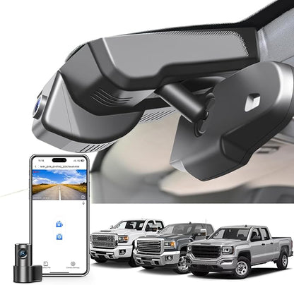 Mangoal Front 4K & Rear 1080P Dash Cam fit for GMC Sierra 1500 2014-2018 2500 HD/3500 HD 2015-2019(Model D), with A Cover, if Not, You Can Buy Model E (with Auto-Dimming Rearview Mirror Plug)