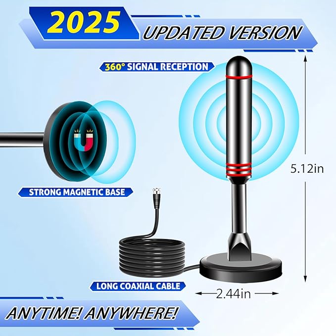 TV Antenna for Smart TV Indoor, 2024 Newest Antenna with Strong Magnetic Base, 360°&Long Range Reception TV Antenna for Local Channels, Easy Setup Antenna for TV Without Cable (Black+Red)