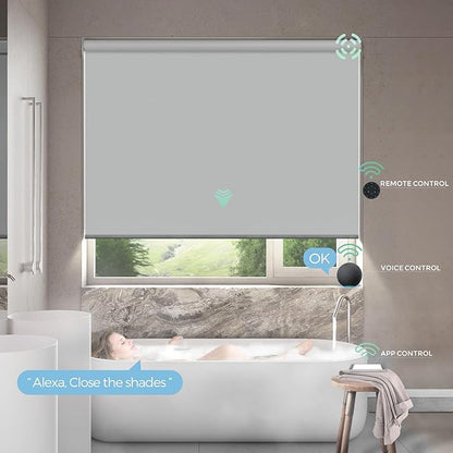 Yoolax Motorized Shower Roller Shades for Bathroom with Remote Control, Automatic Heavy Duty Thick Fabric Shower Curtain Compatible with Alexa, Blackout Battery Solar Powered Blind Custom (LightGrey)