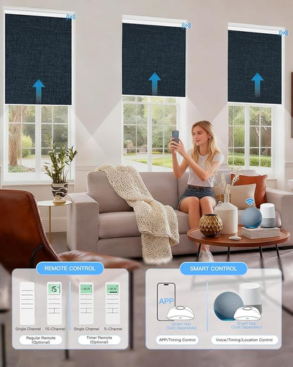 Tokblind Motorized Roller Shade with Remote Control, Blackout Electric Shade for Windows Compatible with Alexa Google via Hub, Rechargeable Smart Window Blind for Home Office (Fabric Navy Blue)