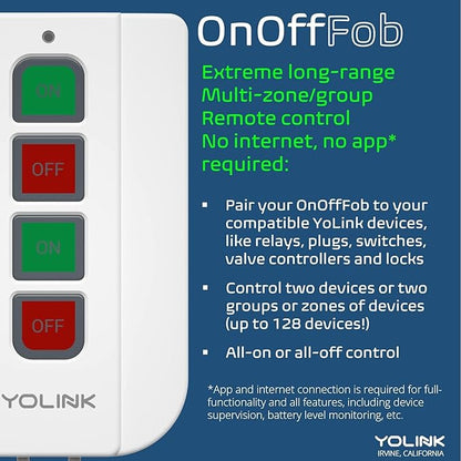 YoLink On/OffFob Programmable 2-Device/Group Smart Fob, LoRa Extreme Long (up to 1/4 Mile Open-air) Range for use with YoLink Smart Plugs, Light Switches, Plugs, Relays, Valves, Locks, etc.
