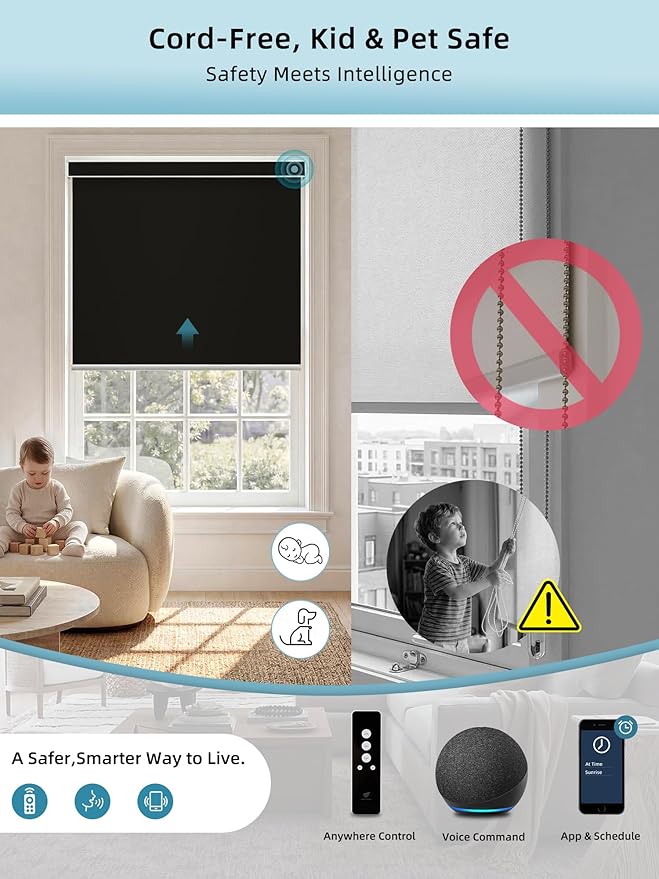 SmartWings Motorized Smart Blinds with Remote, Custom Automatic 100% Blackout Roller Shade Compatible with Alexa/Homekit/Google, Electric Smart Blinds for Indoor Windows, Vinyl Black