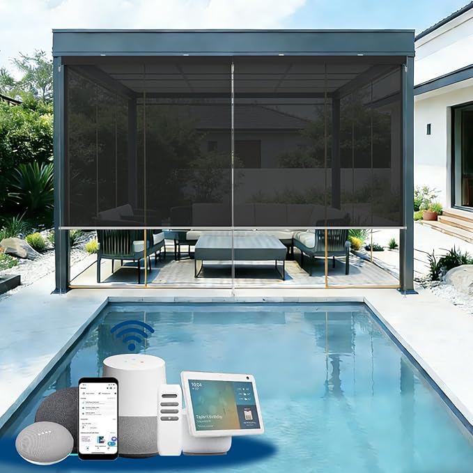 Motorized Outdoor Shades, Custom Patio Roller Blinds with Remote, Smart Exterior Sun Shades Compatible with Alexa, HomeKit, Google Home (5% Openness Black)