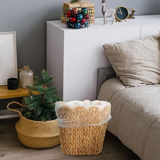 Ziliny 2 Pcs Wicker Trash Can with 50 Small Trash Bag Wicker Waste Woven Basket with Handles Clear Multi Use Garbage Bags for Bathroom Kitchen Bedroom (Calabash Vine,Scalloped Brim)