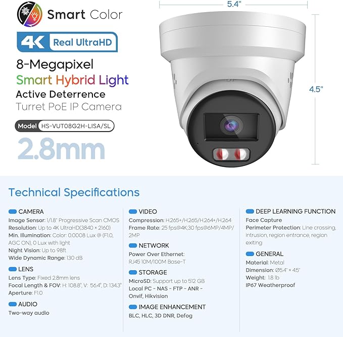4K 8MP Color View Turret PoE IP Camera Outdoor with Smart Hybrid Light, Strobe Light & Audible Warning, AI VCA, Human/Vehicle Detection, 4K-25fps, 1/1.8" Sensor, F1.0 Aperture, 2-Way Audio, 130 dB WDR