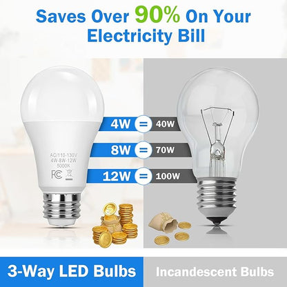 3 Way Light Bulbs 40 70 100W Equivalent, 4/8/12W LED Dimmable Three Way Light Bulb, Daylight White 5000K A19 3 Way Bulbs, E26 Medium Base, 8-Pack Three Way Light Bulbs for Reading, Living Room Bedroom