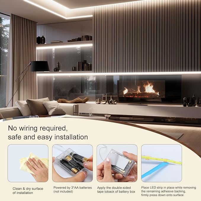ZSLAIFU Battery Powered LED Strip Lights, 3.3FT COB LED Strip Light, Battery Operated LED Lights, White LED Strip Lights Battery Powered for Closet, Cabinet, Shelf, Kitchen, DIY Lighting