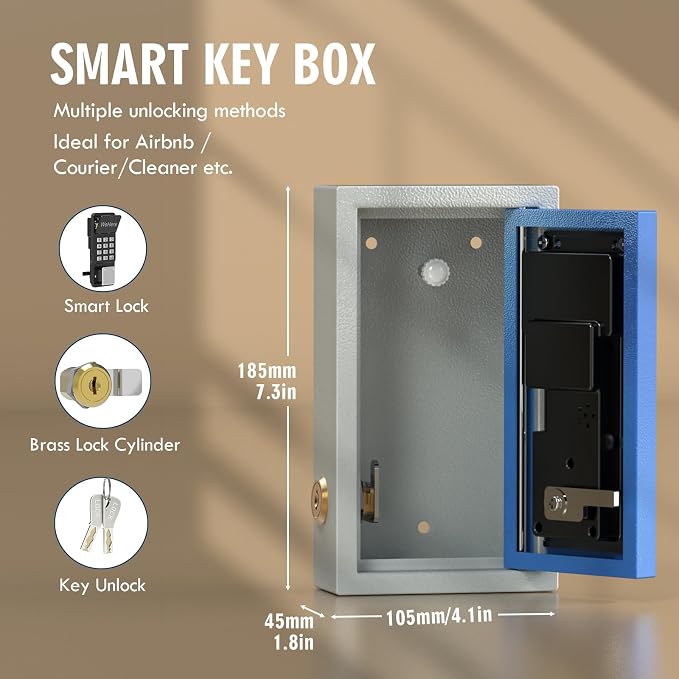 WeHere Key Lock Box Wall Mount, OTP/Fixed Password, APP Bluetooth/Wi-Fi, Spare Key Unlock, Porch Smart LockBox, Combination Keybox for Home, Realtors, Apartments, Garage, Store, Office