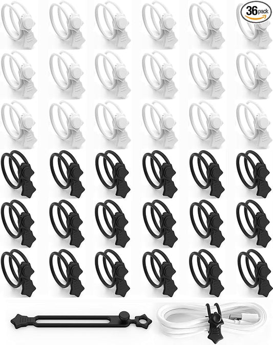 Silicone Cable Ties 36PCS Reusable Cord Organizer for Home Travel | Cord Organizer for Charging Cables, Data Cables & Computer Wires, Multipurpose Elastic Cable Management Straps（Black&White）