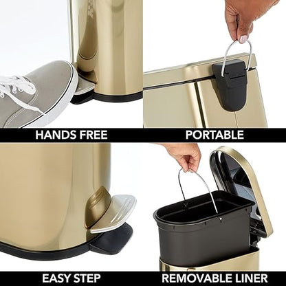 mDesign Small 1.3 Gallon Stainless Steel Metal Step Trash Can Garbage Bin for Bathroom, Bedroom, Home Office, D-Shape Trashcan with Foot Pedal and Lid, Removable Liner Bucket with Handles, Soft Brass