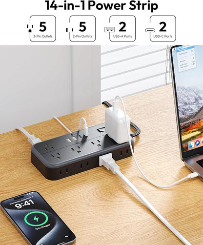 NTONPOWER Power Strip 15 Ft Cord, 10 Widely Spaced Outlets, 4 USB Port(2 USB C Port), Ultra Thin Flat Plug Extension Cord 15 Feet for Home Office Garage, Black