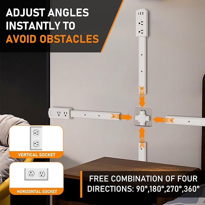 Outlet Extender Stick - Features 2 USB-A, USB-C and 2 AC Outlets, Adjustable Disassembly Extends 6"-35", 360° Access Hard-to-Reach Outlets, Wall Plug Power Socket Expander Nightstands, Sofa, Desks