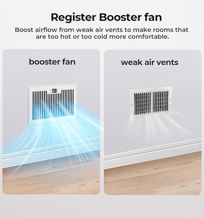BIOWIND Quiet Register Booster Fan Fits 6" x 10" Register Holes, 10-Speed Smart Heating Cooling AC Vent Fan with Remote Control and Thermostat Control - White