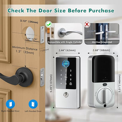 Biometric Smart Lock Deadbolt, Keyless Entry Door Lock with App Control & Remote Code Generation, Electronic Fingerprint Keypad for Home, Airbnb & Bedroom, Auto-Lock, Anti-Peep(Silver)