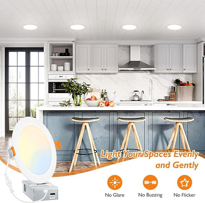 BesLowe 24 Packs 6 Inch 5CCT LED Recessed Ceiling Lights Ultra-Thin with Junction Box, 12W 150W Eqv, 3000K/3500K/4000K/5000K/6500K, 1200LM Dimmable Canless Downlights for Kitchen Hallway Dining Room