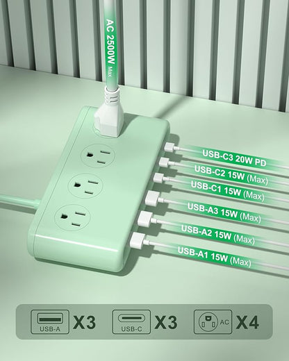 Power Strip with USB C 35W,10-in-1 Flat Plug Wall Charger - 5FT Extension Cord with 4AC, 3 USB A & 3 USB C - PD20W Charging Station for Multiple Devices - Travel Home Office (Green)