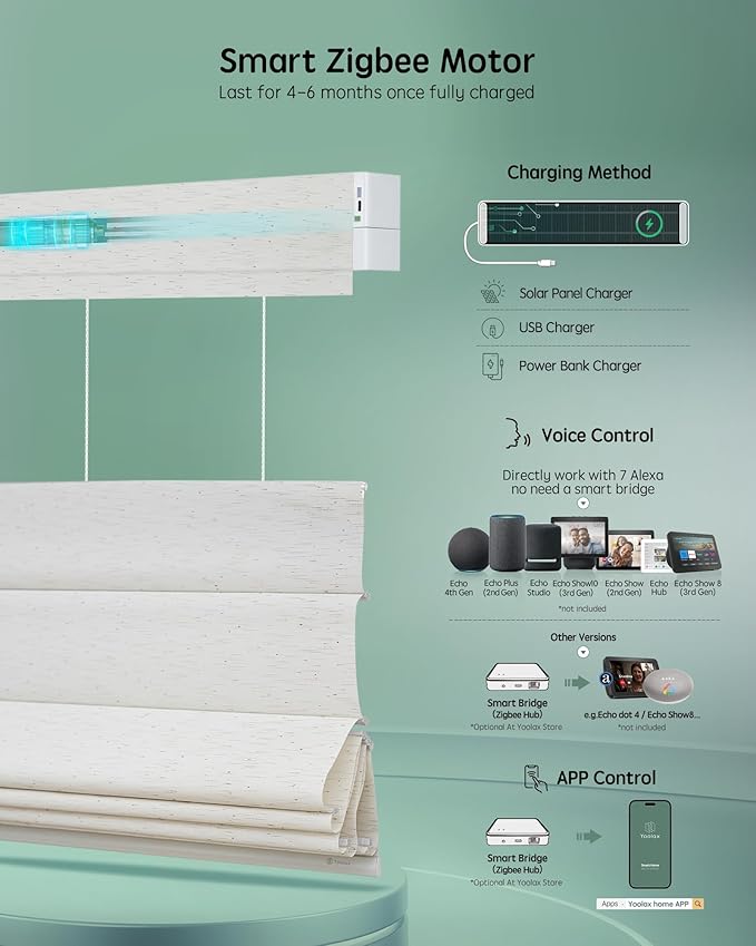 Yoolax Smart Top Down Bottom Up Roman Shades, Motorized Roman Shades with Remote, Semi Sheer Smart Blinds Work with Alexa, Google Home, Apple Homekit for Living Room, Customized (Starry White)
