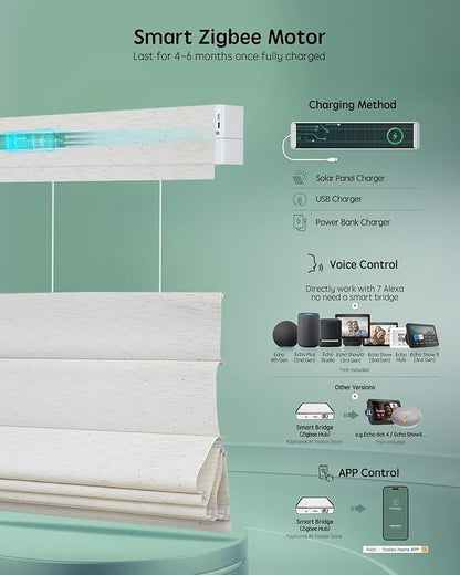 Yoolax Smart Top Down Bottom Up Roman Shades, Motorized Roman Shades with Remote, Semi Sheer Smart Blinds Work with Alexa, Google Home, Apple Homekit for Living Room, Customized (Starry White)