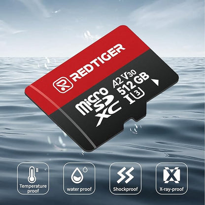 REDTIGER High Speed Micro SD Card with Adapter, 512GB microSDXC UHS-I Class 10, U3, V30 A2, Support for Dash Cameras and Recording 4K Video Recording, Compatible with F7NP&F7NT&F17&VP20&F17PLUS
