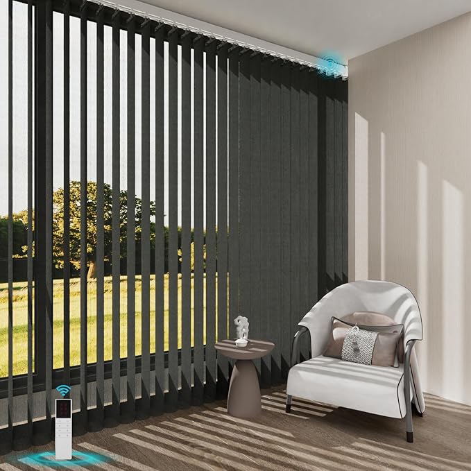 Motorized Sheer Vertical Blinds with Remote, Light Filtering Vertical Blind Sliding Door Blinds Remote Control Blinds for Sliding Glass Door Customize(Elegant Deep Grey)