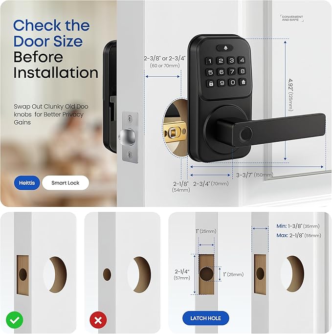 Keypad Door Lock with Handle, Heittis Smart Door Handle Lock - Keyless Entry Electronic Digital Lock with Code for Front Door (Black