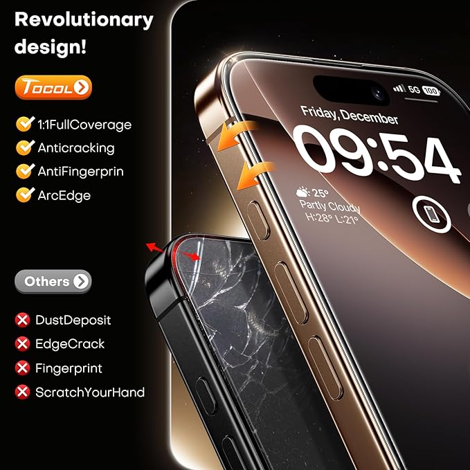 TOCOL for iPhone 16 Pro Screen Protector Zero Bubble Auto-Dust Removal 9H+ Hardness Tempered Glass for Full Coverage Easy Installation 6.3-Inch 2 Pack