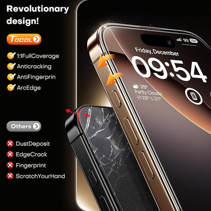 TOCOL for iPhone 16 Pro Screen Protector Zero Bubble Auto-Dust Removal 9H+ Hardness Tempered Glass for Full Coverage Easy Installation 6.3-Inch 2 Pack