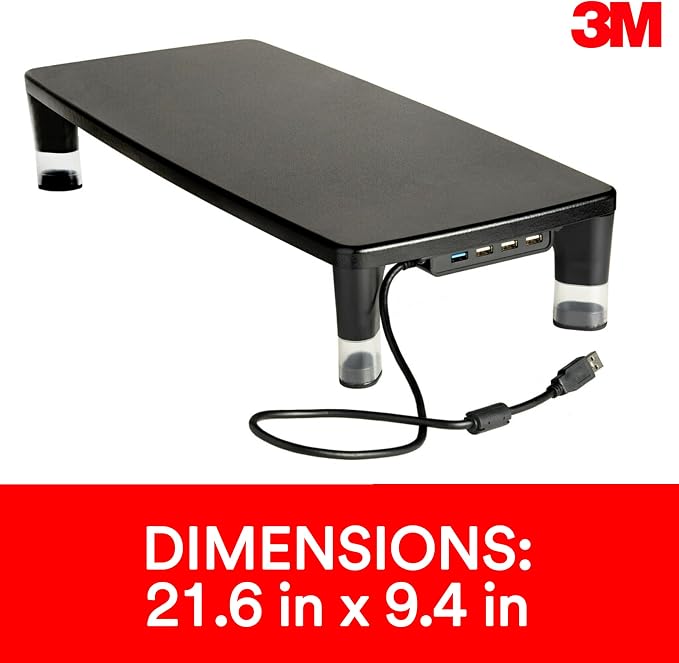 3M Monitor Computer Stand, 21.6 in x 9.4 in, 4 Port USB Hub | Height Adjustable Monitor Riser For Desk, Office, Home With Underneath Storage Space, No Skid