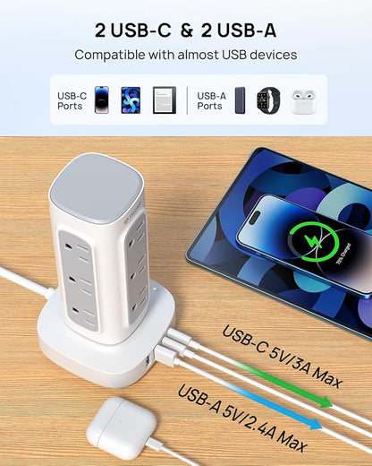 TROND Surge Protector Power Strip Tower - 10ft Flat Plug Extension Cord with Multiple Outlets, 4 USB Ports, Vertical Charging Station, 1700 J, Home Office Desk Supplies, Dorm Room Essentials, White