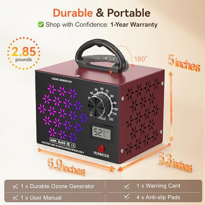 120,000mg/h Ozone Generator Machine with Temp/Humidity Display, Triple Side Vents for Enhanced Airflow - Faster & Wider Ozone Odor Eliminator Air Purifier for Home, Car, Pets, Up to 6000 Sqft