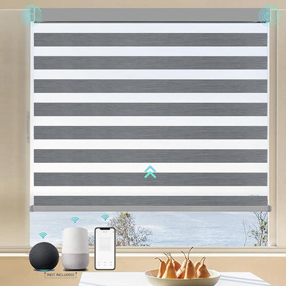 MING CHEN Motorized Blinds with Remote, Built-in Rechargeable Smart Automatic Window Blinds, Custom Size Electric Zebra Blinds Compatible with Alexa Google (90% Blackout Fine Lines Dark Grey)