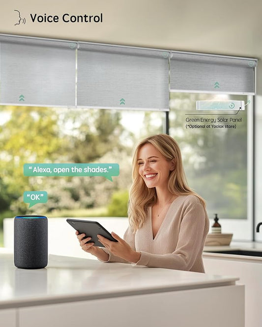 Yoolax Motorized Blinds with Remote, Room Darkening Smart Roller Shades Work with Alexa, Google, Apple Homekit, Custom Automatic Shades with Voice Control for Living Room (Shinny Gray)