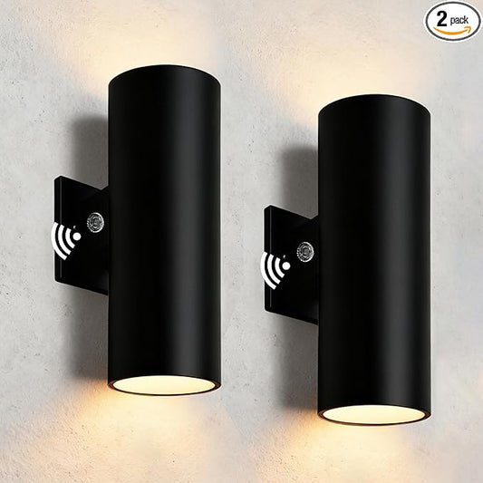 Dusk to Dawn Outdoor Wall Lights, 12'' Up and Down Integrated LED Cylinder Exterior Lighting Fixtures, 23W 3000K IP65 Waterproof Wall Sconces for House, Garage, Patio, Porch, 2 Pack Black