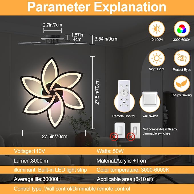 LED Ceiling Light, 50W RGB Flower Flush Mount Light with Remote | Dimmable RGB Ceiling Light with Remote, Independent RGB Backlight, 3000K-6000K, 3000LM Modern Lamp for Bedroom Living Room