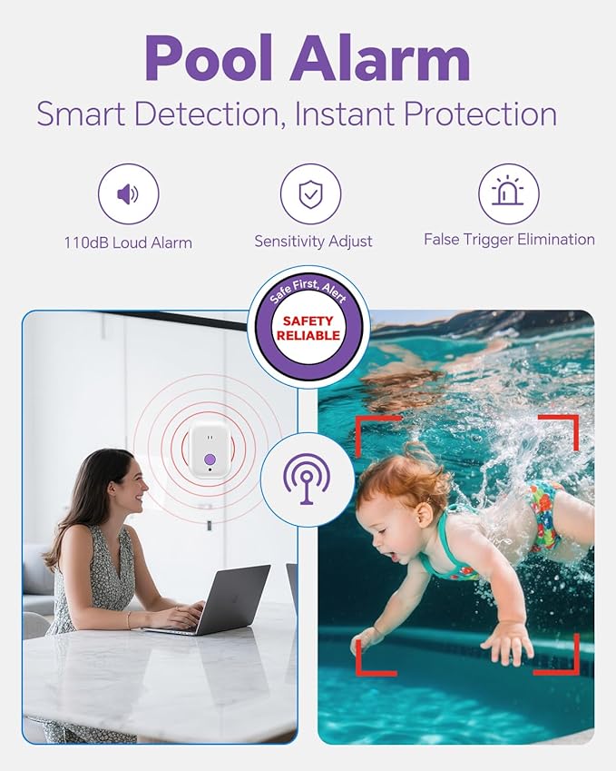 Pool Alarm, Floating Pool Safety Alarms for Inground & Above Ground Pools – Loud 110dB Alert, Adjustable Sensitivity, Protection for Kids & Pets (Purple)