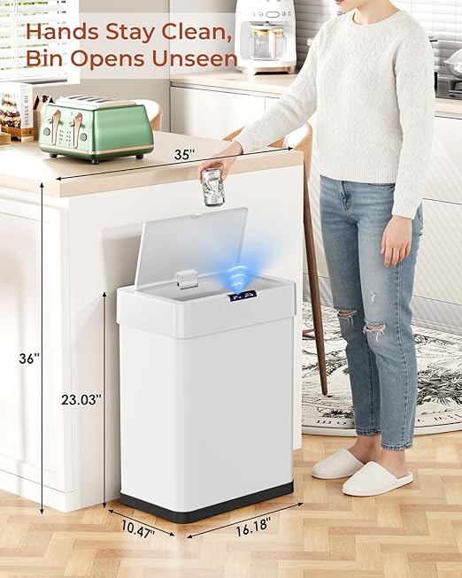 TLSUNNY 13.2 Gallon Motion Sensor Trash Can,Touchless Automatic Garbage Can,Brushed Stainless Steel Smart Bin,with Bag Holder,Soft Close Lid,for Kitchen,Office,RV,Bedroom,Living Room (White, 50L)
