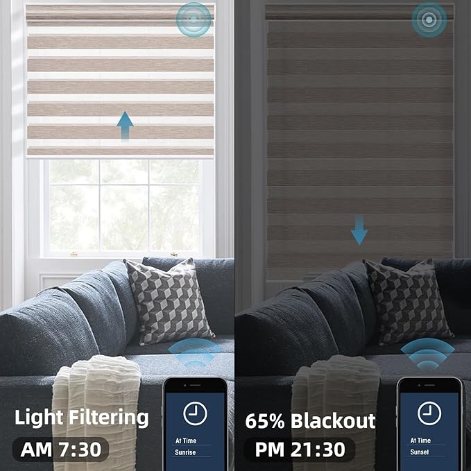 SmartWings Motorized Zebra Blinds with Remote, Custom Size Smart Electric Roller Shades for Windows, Automatic Light Filtering Dual Layer, Cordless Battery Motor, 95mm 60% Blackout Gold